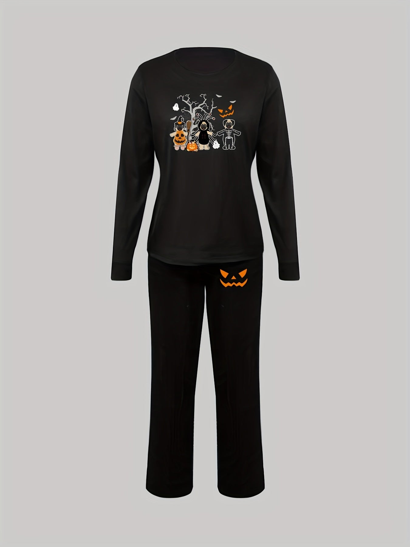 Halloween Print Lounge Set Crew Neck Top & Pants Women's Loungewear