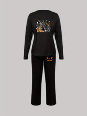 Halloween Print Lounge Set Crew Neck Top & Pants Women's Loungewear