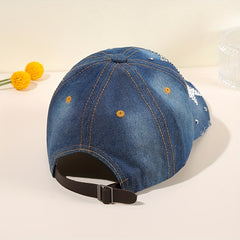 Distressed Denim Baseball Cap with Pentagram Rhinestone
