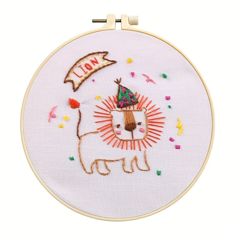 Lion Cross Stitch Kit with Hoop, Threads, Needle
