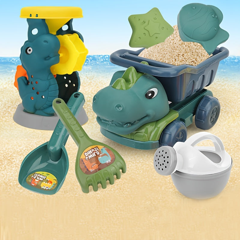 7pcs Dinosaur Beach Toy Set Dump Truck Watering Can Shovel Rake Sand Molds