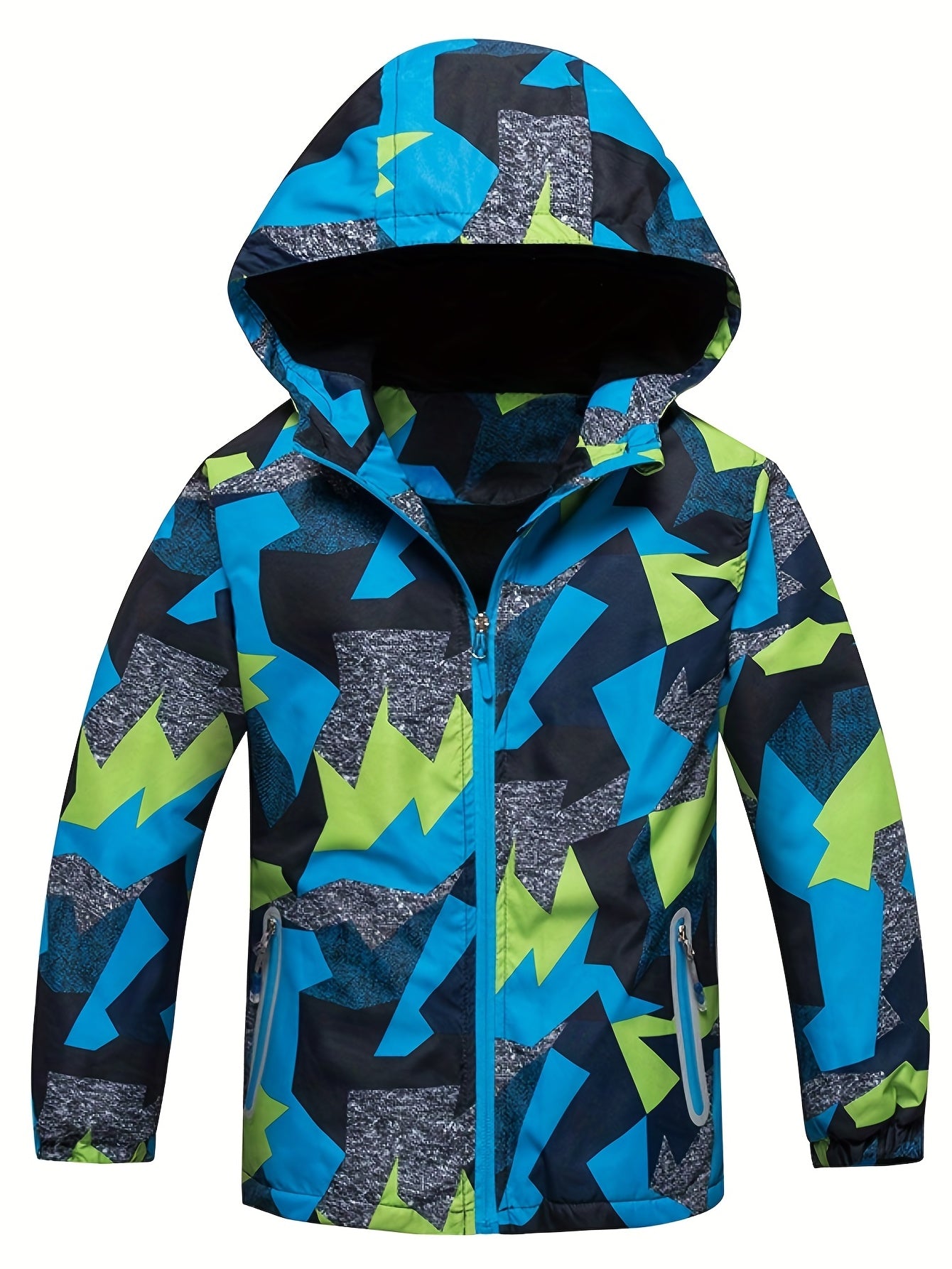 Boys Block Zip Up Fleece Lining Casual Hooded Jacket Raincoat Windbreaker