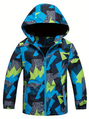 Boys Block Zip Up Fleece Lining Casual Hooded Jacket Raincoat Windbreaker