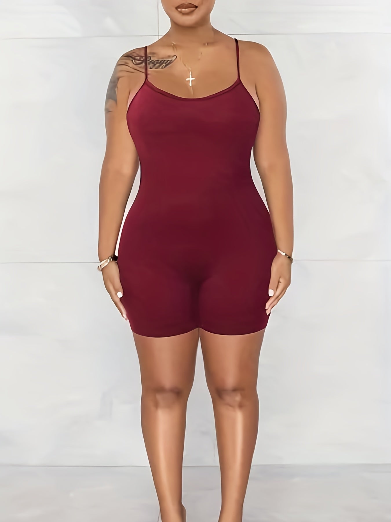 Basic Cami Romper Solid Round Neck Medium Stretch Skinny