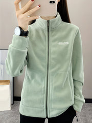 Letter Pattern Outdoor Jacket Long Sleeves Mock Neck Fleece Liner Coat