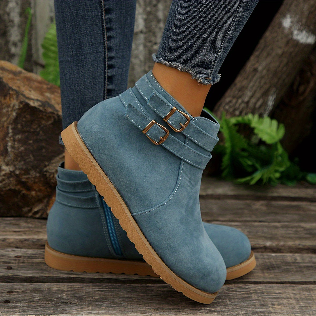 Women's Metallic Buckle Platform Boots with Side Zipper