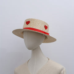 Heart Ribbon Decor Hat Flat Top Jazz Straw Hat UV Protection Summer Travel Beach
