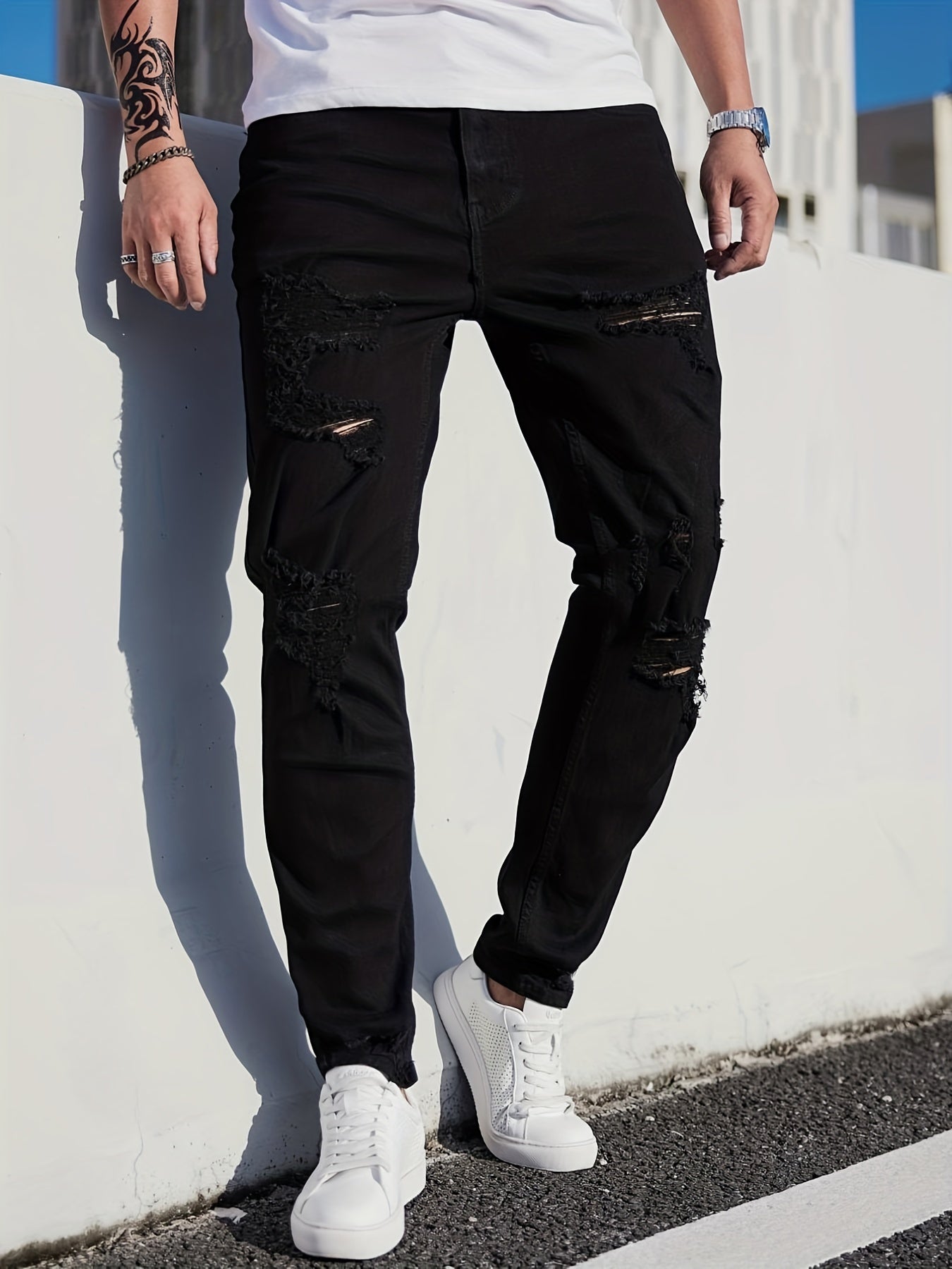 Men's Ripped Jeans Casual Street Style Stretch Denim Pants