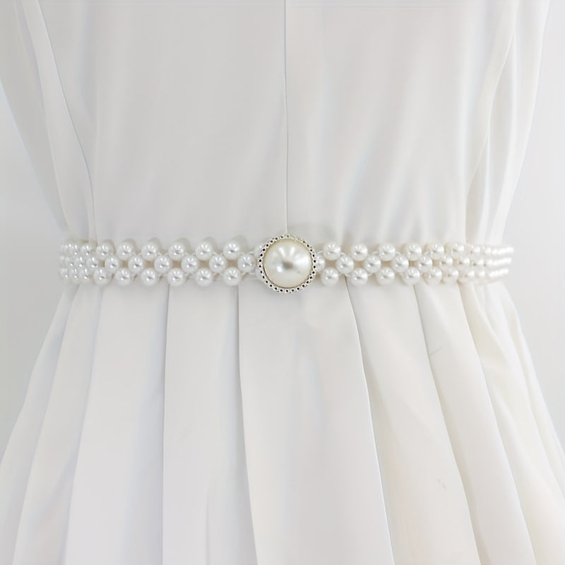 Faux Pearl Chain Elastic Belt Round Pearl Buckle Dress Belt Women