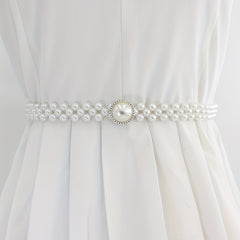 Faux Pearl Chain Elastic Belt Round Pearl Buckle Dress Belt Women