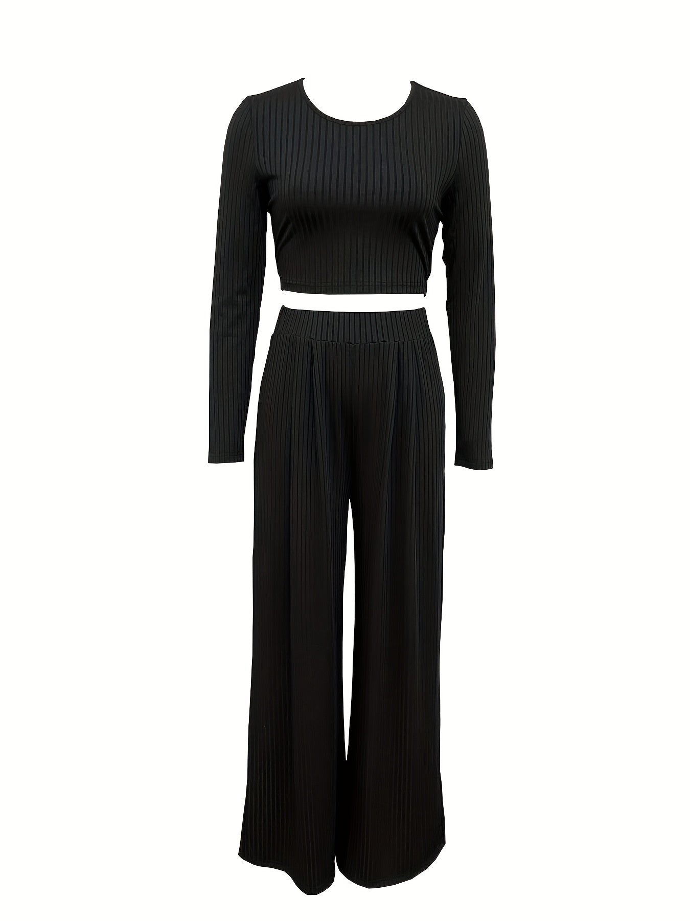 Casual Two piece Set Crew Neck Long Sleeve Tops & High Waist Wide Leg Pants