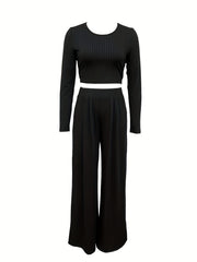 Casual Two piece Set Crew Neck Long Sleeve Tops & High Waist Wide Leg Pants