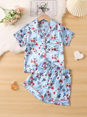 Girls Flowers Pajamas Set Short Sleeve Top & Shorts Sleepwear