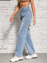 Distressed Loose Fit High Waist Denim Trousers Women's Jeans