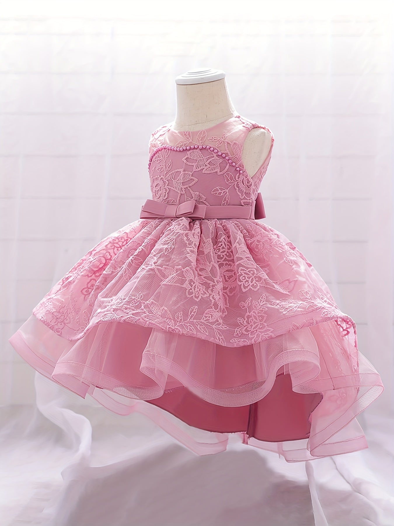 Girl's Floral Embroidery Gown Princess Dress Sleeveless Mesh Fairy Clothes