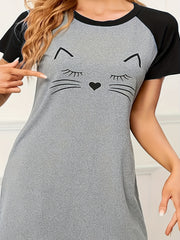 Cat Print Raglan Sleeve Tee Sleep Dress