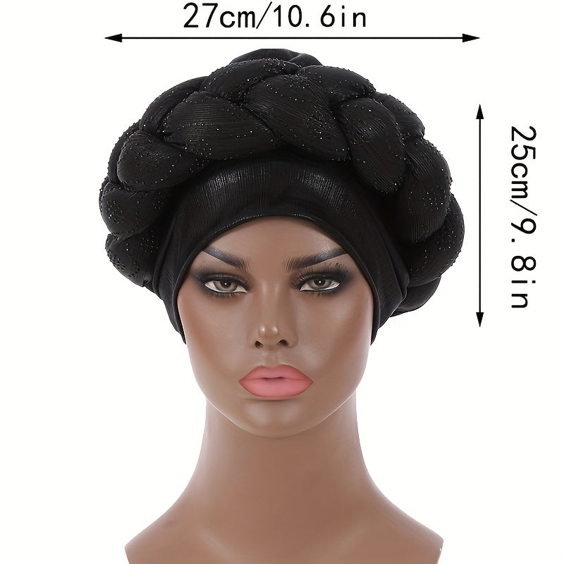 Twist Braided Turban Cap Rhinestone Decor Big Head Wrap Hijab Hats
