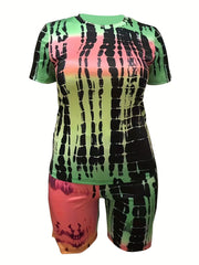 Tie Dye Top & Shorts Set Short Sleeve Round Neck Outfits 2 Piece