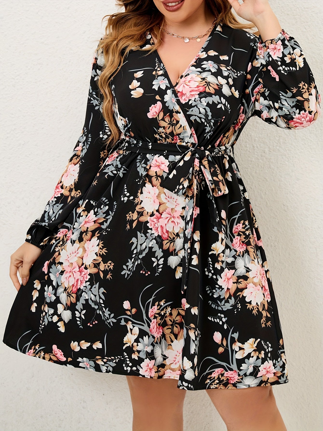 Floral Print Lantern Sleeve Knee Length Dress With Belt