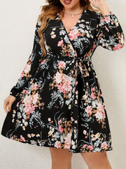 Floral Print Lantern Sleeve Knee Length Dress With Belt