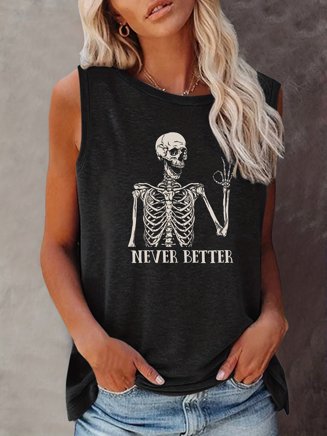 Skull Print Crew Neck Tank Top Sleeveless Casual Summer Women's Clothing