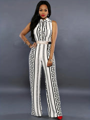 Geo Print Button Front Jumpsuit Sleeveless Wide Leg Jumpsuit