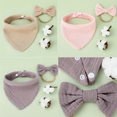 2pcs Set Bow Headband & Bandana Bib Newborn Soft Cotton Headband