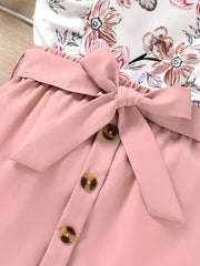 Girl's Floral Print Tank Top & Belted Skirt Set