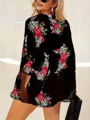Floral Print Open Front Chiffon Cardigan Cover Up Loose Fit 3/4 Sleeve