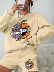 Women's Plus Pumpkin Print Sweatshirt & Shorts 2pcs Set