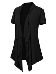Solid Waterfall Collar Open Front Cardigan Casual Short Sleeve Draped Cardigan