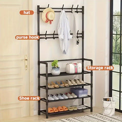 Foyer Shoe Rack Coat Rack with Storage Shelves and Double Hooks