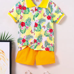 Boys Hawaii Tropical Leaf Print Shirt&Shorts Set, Summer Kids Clothing