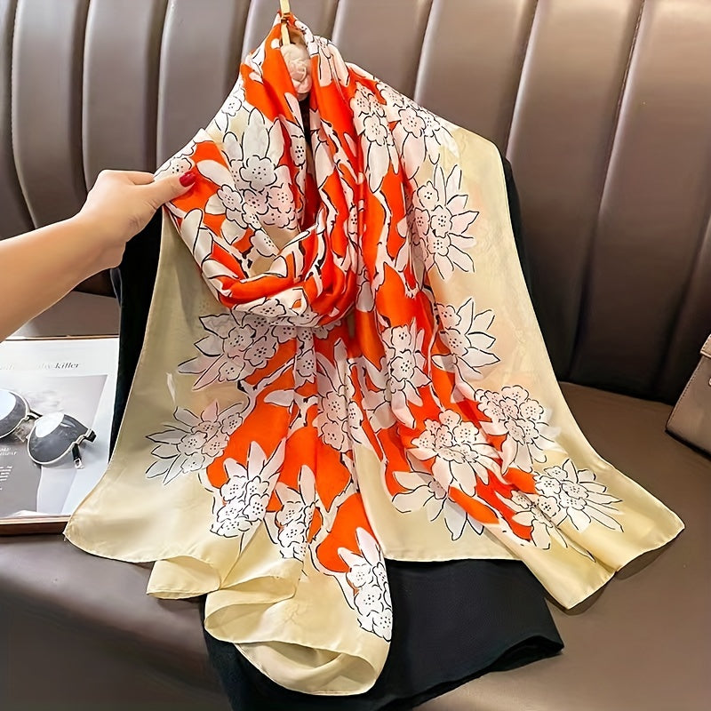 Flower Print Satin Scarf Silk Long Shawl Windproof Head Wraps
