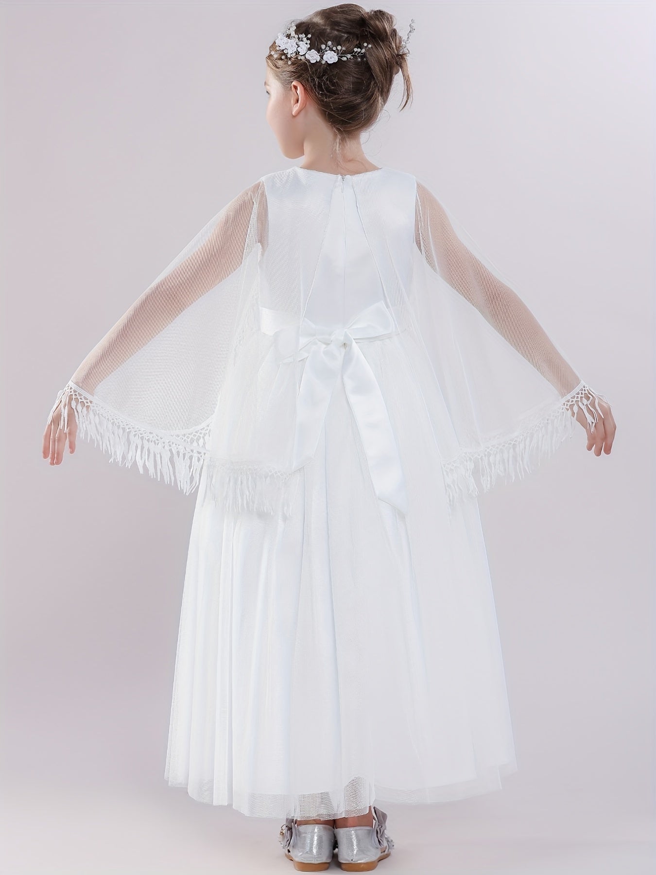 Kids Evening Mesh Tutu Dress With Tassel Lace Fluffy Sleeve Long