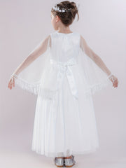 Kids Evening Mesh Tutu Dress With Tassel Lace Fluffy Sleeve Long