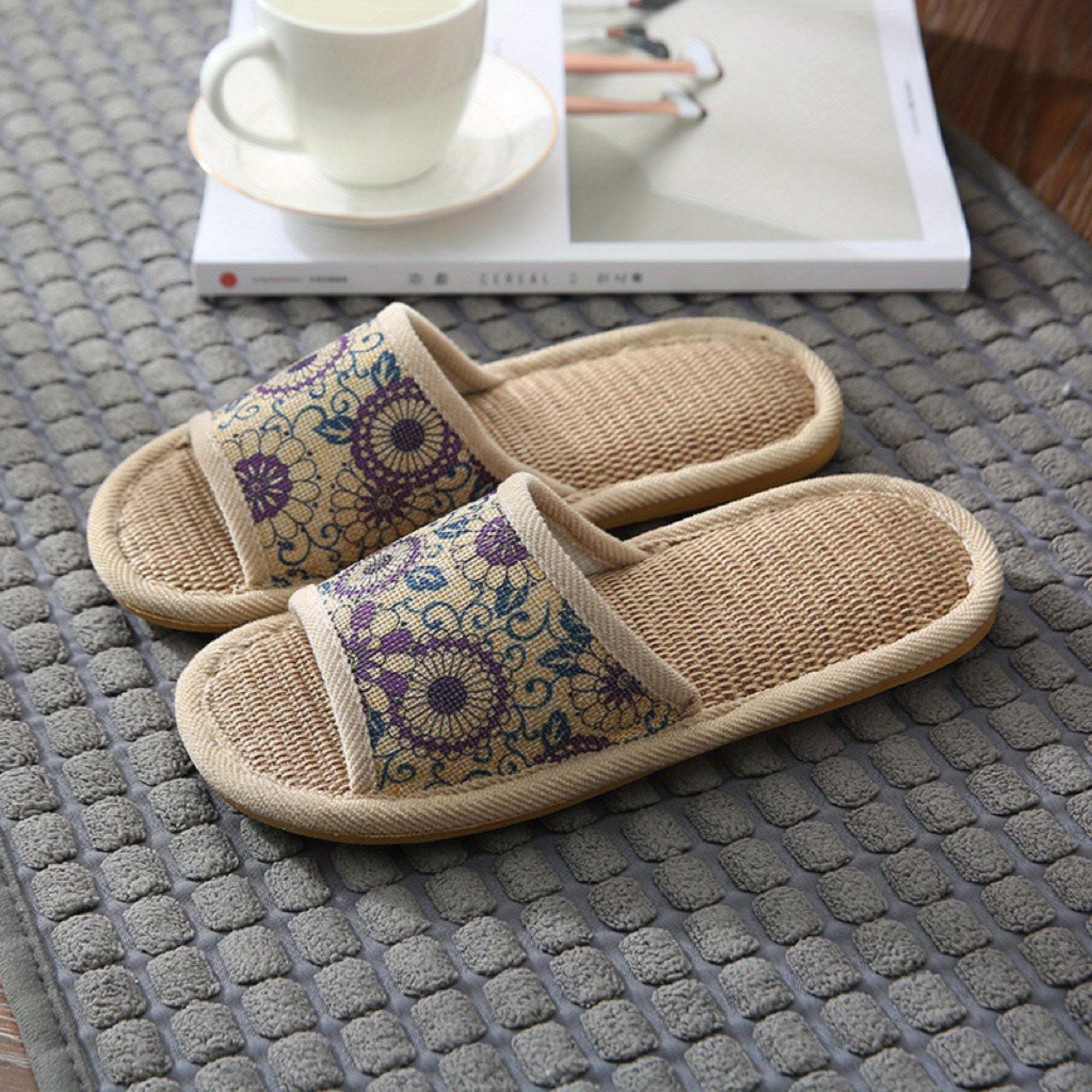 Women's Floral Linen Slides Open Toe Rattan Flat Shoes