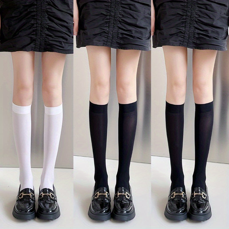 3 Pairs Solid Knee High Socks Soft & Comfy Women's Stockings & Hosiery