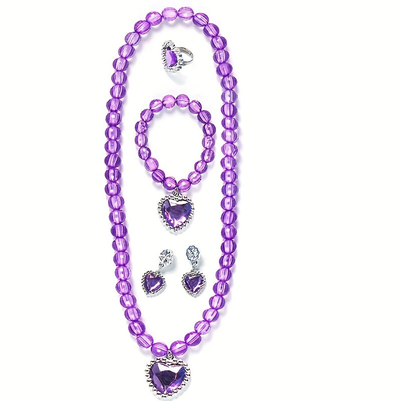 Girls Princess Crystal Jewel Set - Necklace, Ear Clip, Ring, Bracelet