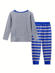 2pcs Toddler Pajama Set Long Sleeve Top & Stripe Pants Boy's Loungewear