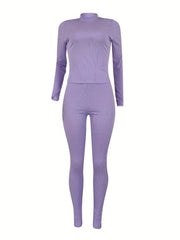 2pcs Ribbed Yoga Sets Long Sleeve Pullover & Leggings