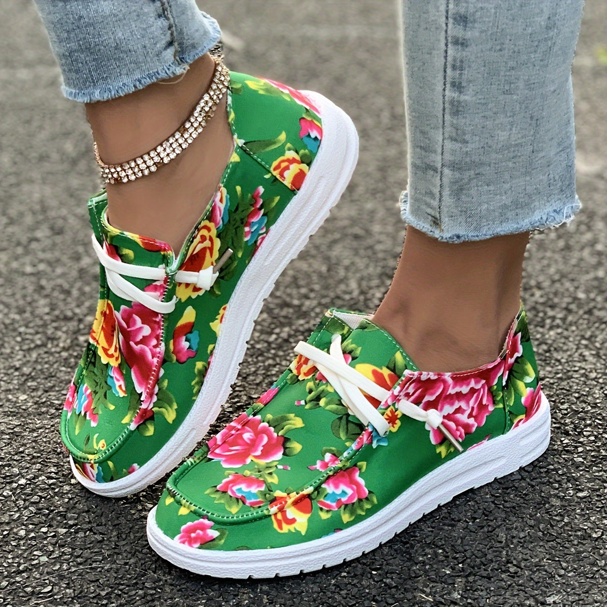 Chinese Flower Pattern Skate Shoes Lace-up Canvas