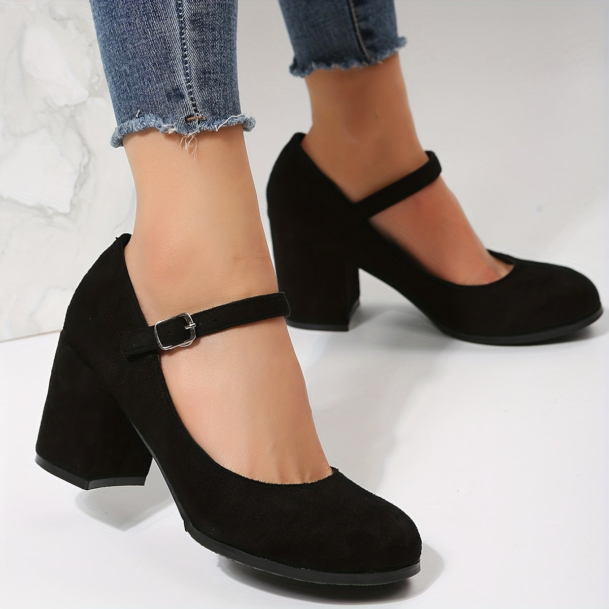 Women's Block Heel Buckle Strap Pumps Work Shoes