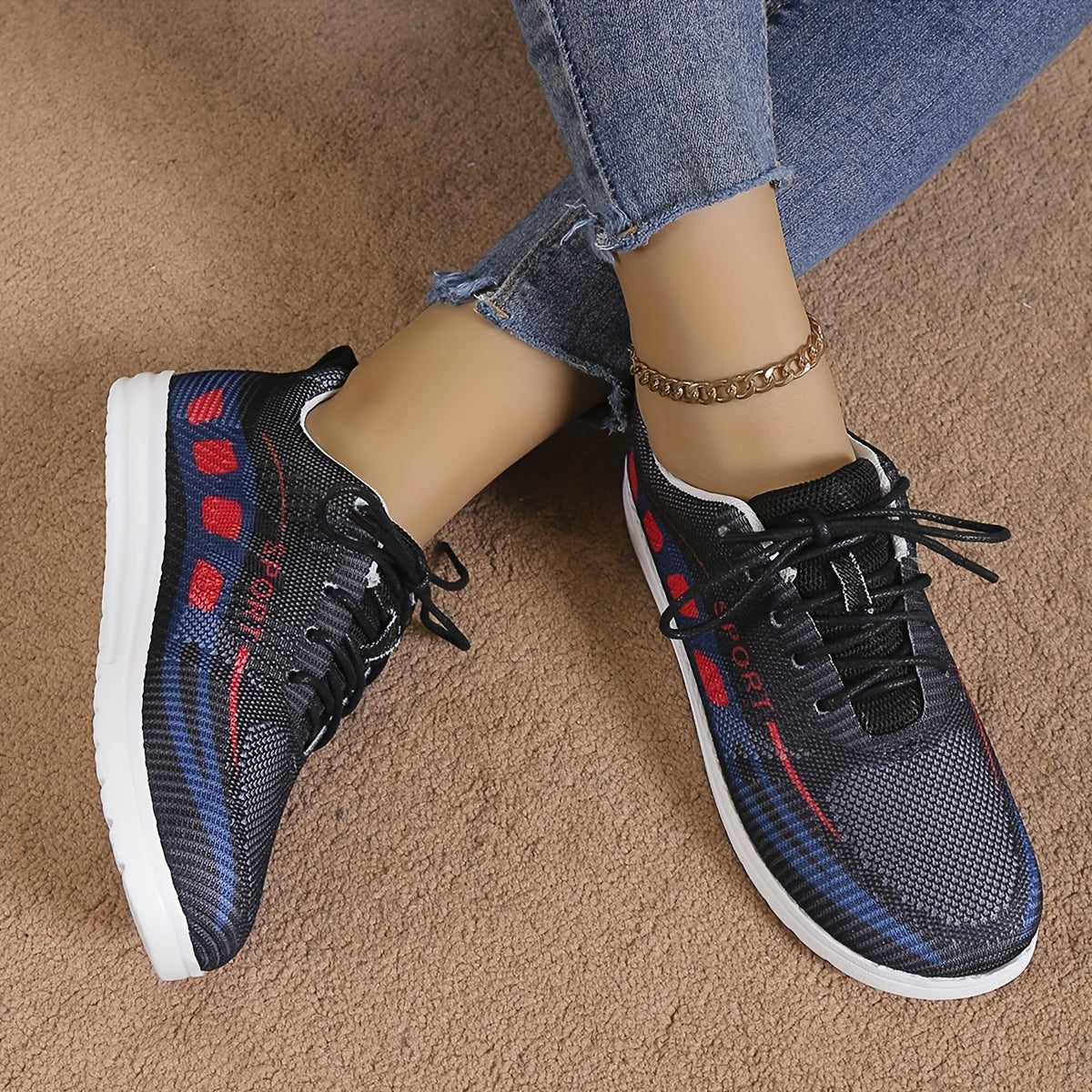 Women's Geometric Pattern Sneakers Lace Up Knit Mesh Running Trainers