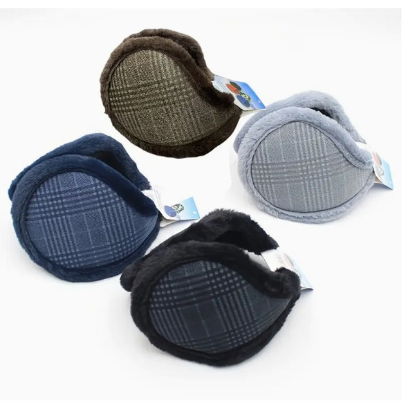 Men's Plaid Winter Cycling Ear Warmers Brown & Gray Checkered Pattern