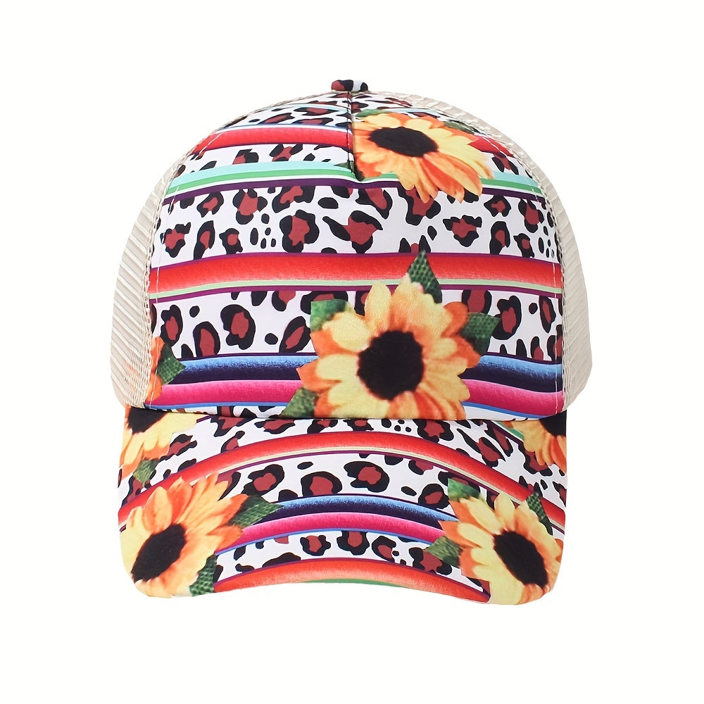 Chrysanthemum Print Trucker Hat Boho Mesh Baseball Cap