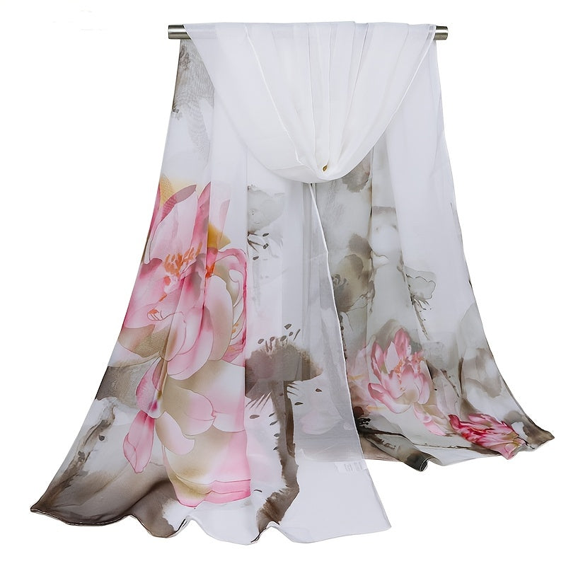 Chiffon Ink Lotus Print Thin Headwrap Large Shawl Summer Beach Towel