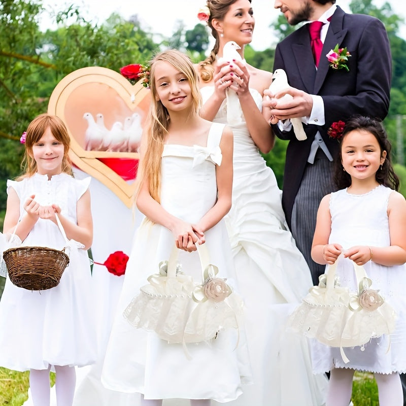 Wedding Flower Basket Beaded Petals Basket Satin Bridal Basket With Handle