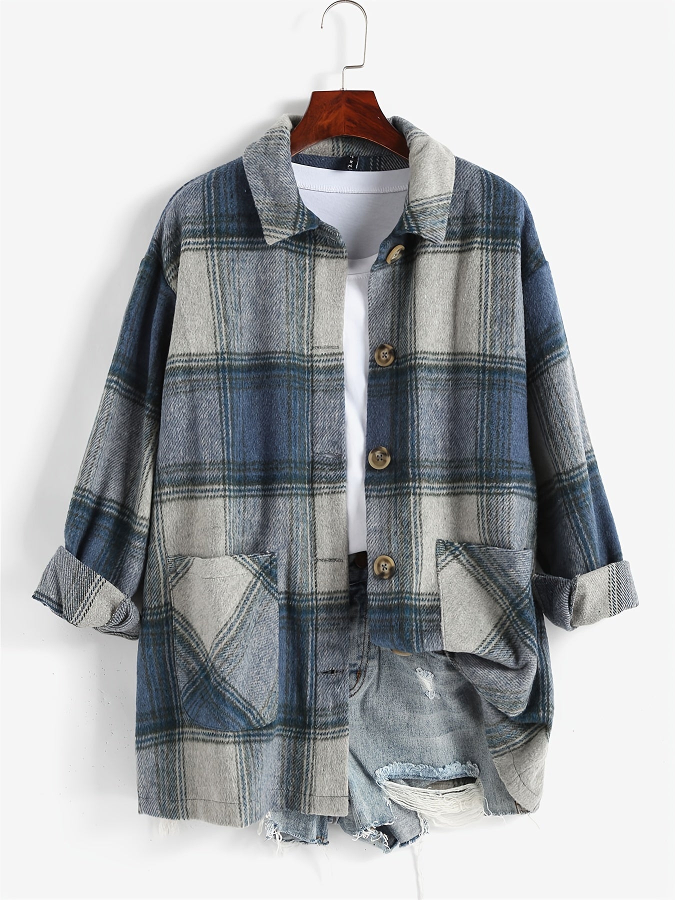 Plaid Jacket Lapel Casual Long Sleeve Loose Outerwear Women's Clothing