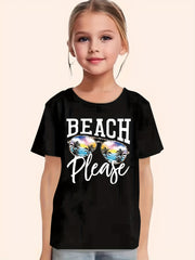 Girls BEACH Print Short Sleeve T shirt Comfy Tees Pullover Summer Clothes